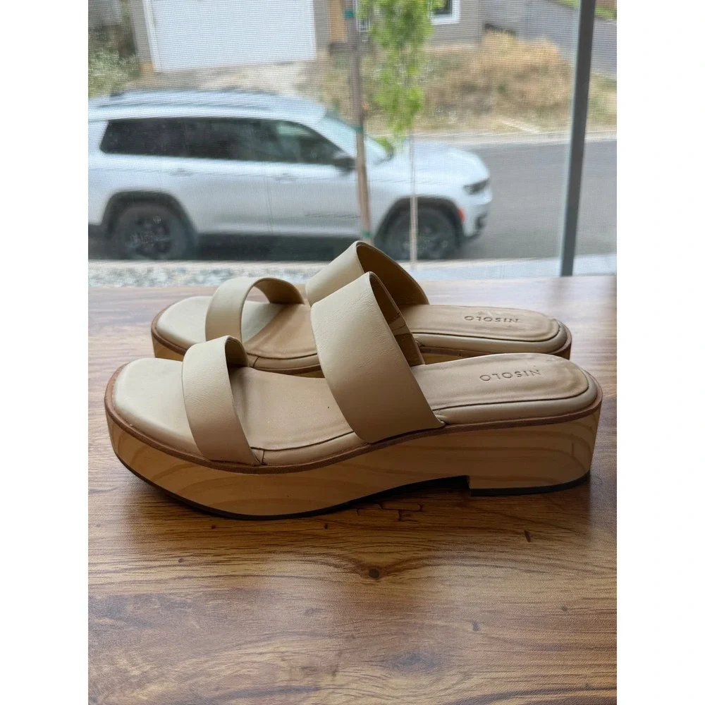 Nisolo Ellie Bone Leather Cream Wood Platform Clogs US 9
